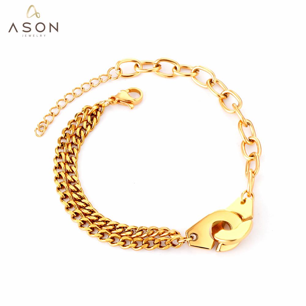 ASON Gold Color Stainless Steel 17+3 cm Cuff Shape Bracelets For Women Layer Chains Daily Wear Jewelry Accessory Patry Gift asonjewelry
